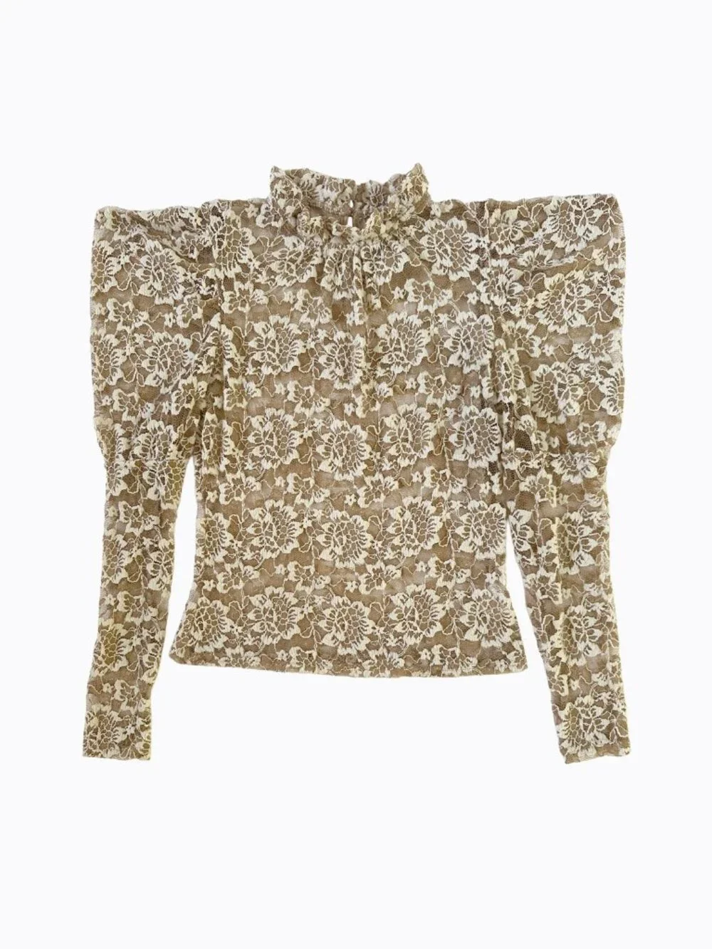 Anthropologie Dolan Ivory Sheer Floral Lace Mock Neck Puff Sleeve Blouse XS Boho